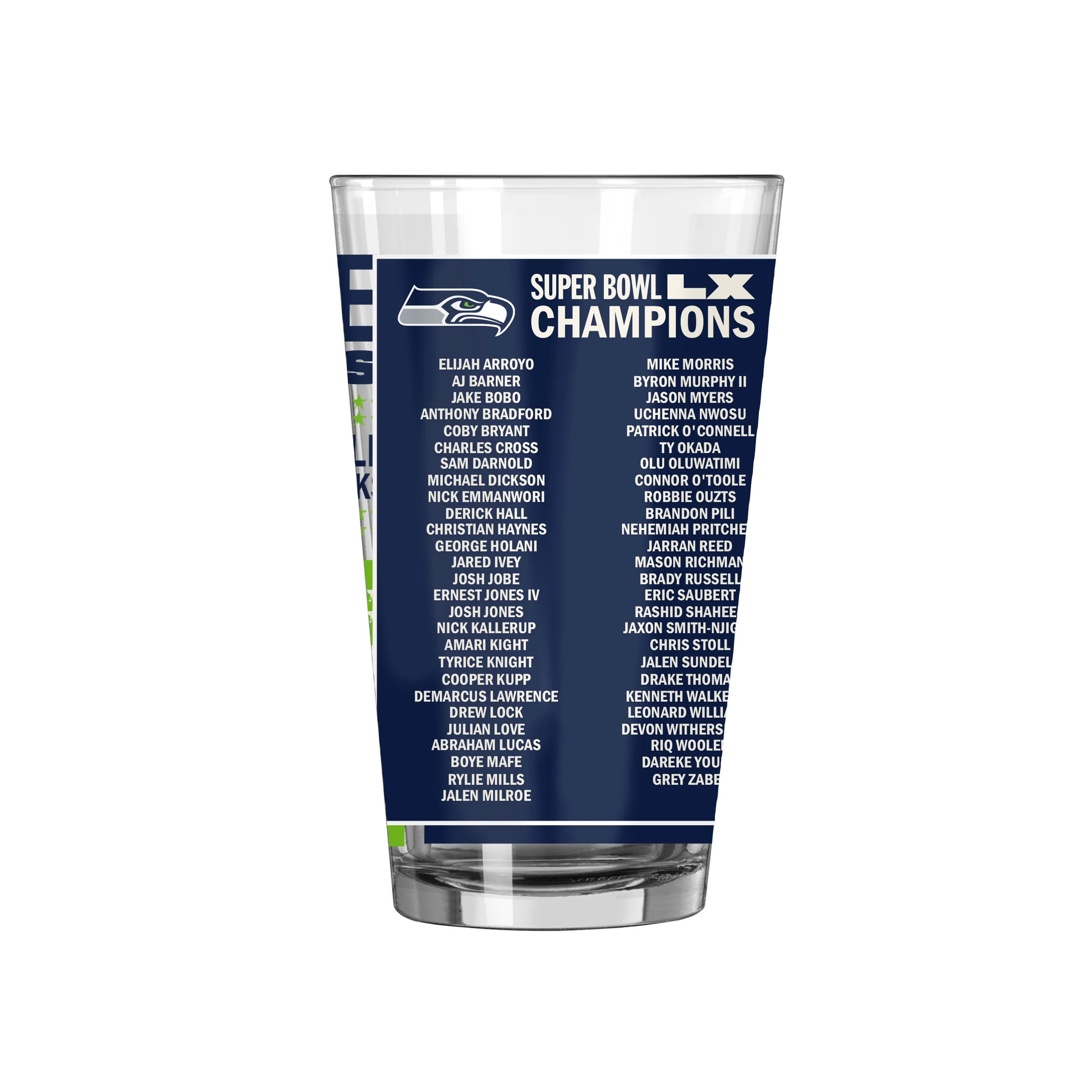 Seattle Seahawks Super Bowl 60 Champions 16oz Roster Pint Glass - Image 2