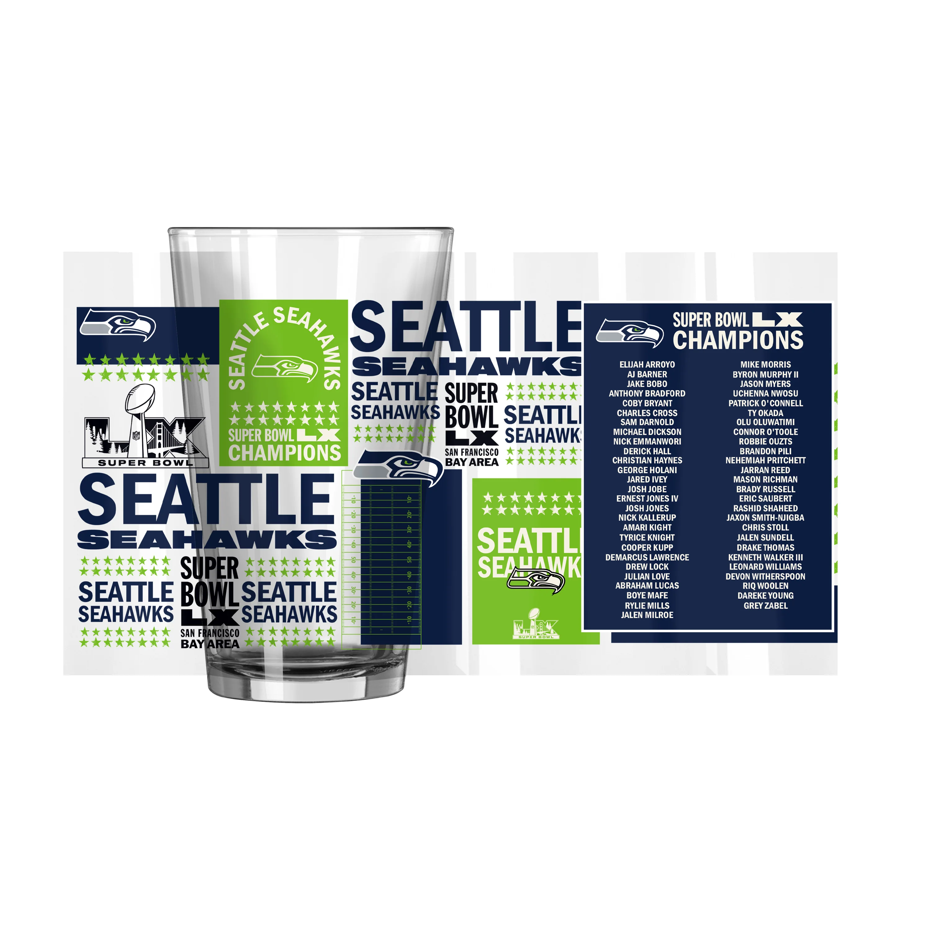 Seattle Seahawks Super Bowl 60 Champions 16oz Roster Pint Glass - Image 3
